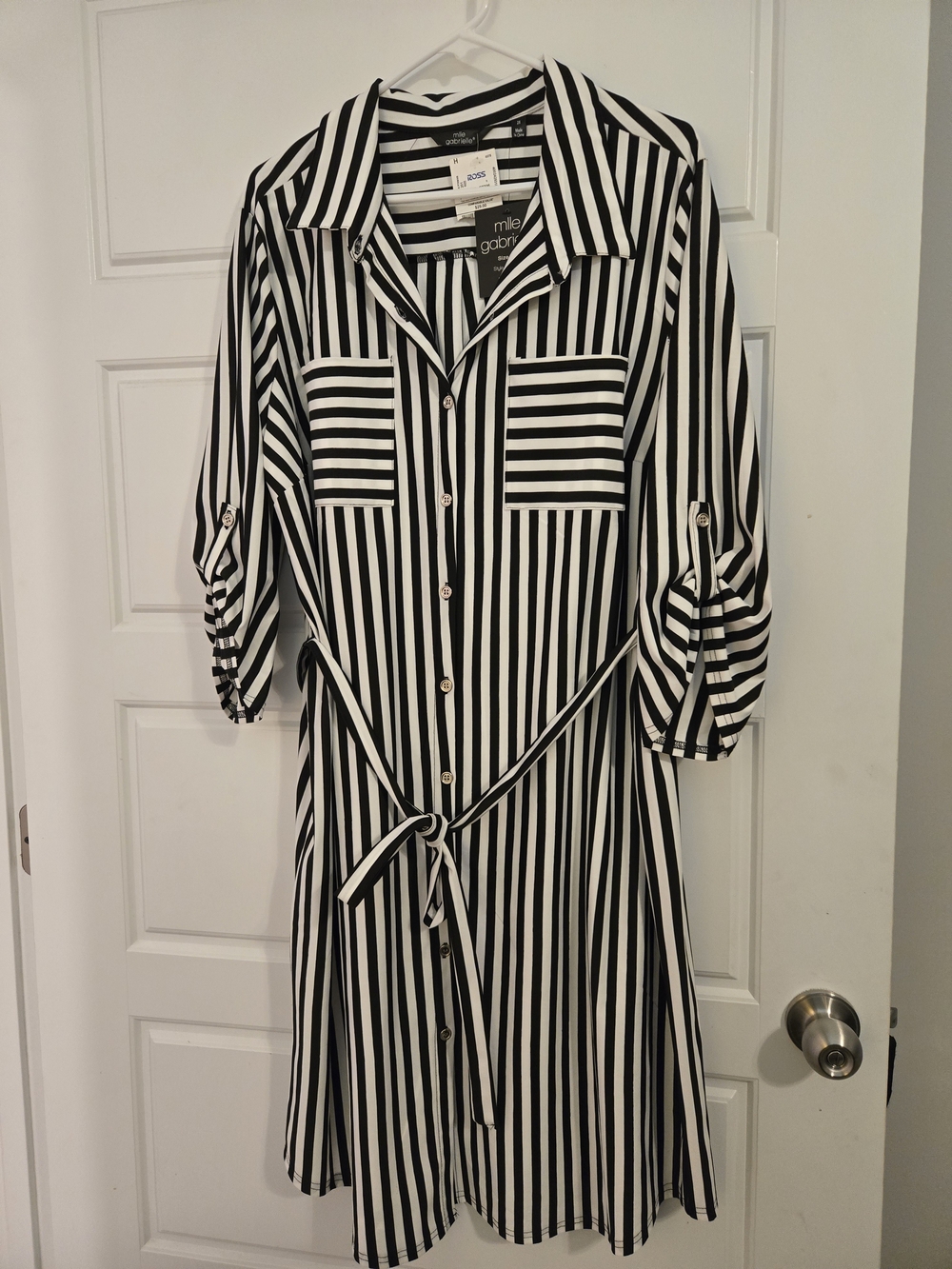 PLUS SIZE Mlle Gabrielle Black & White Vertical Stripe Stretch Midi Shirt Dress
